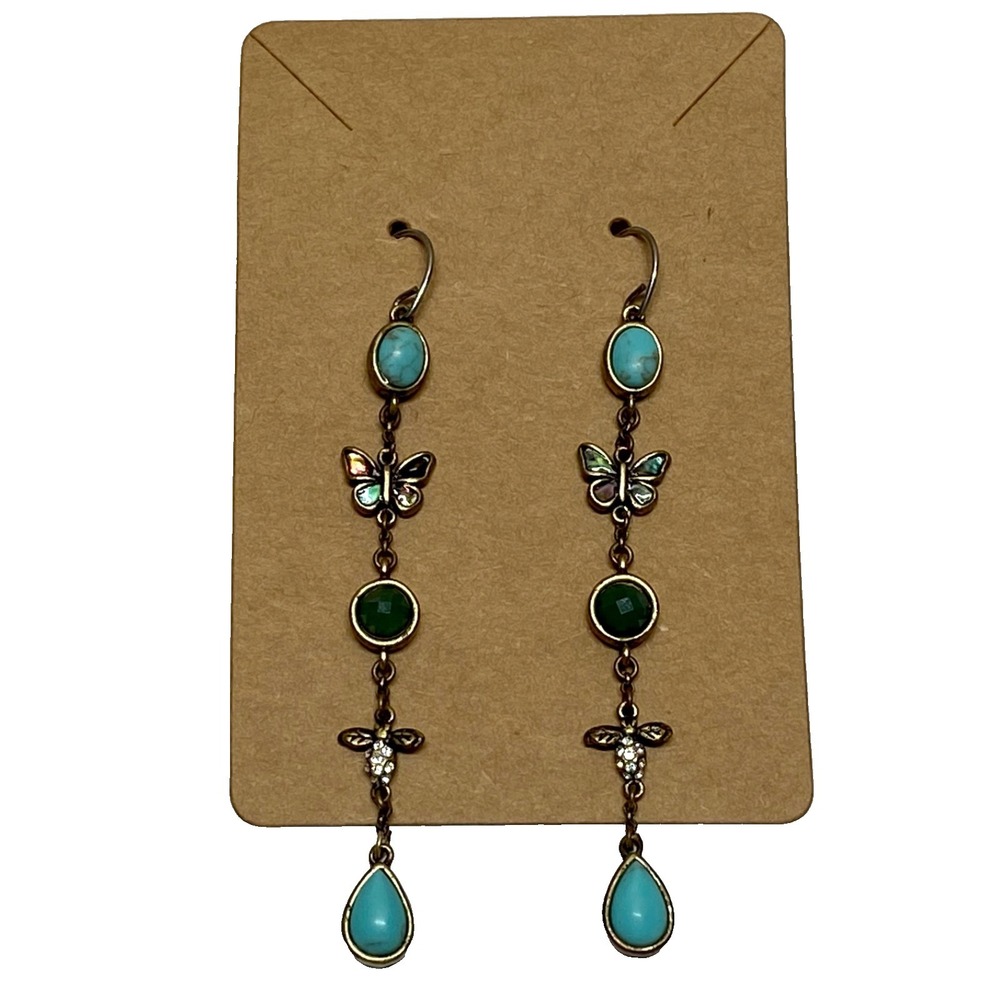 Native American Style Turquoise Earrings Butterfly Dragonfly 3" Dangle‎ Drop GUC